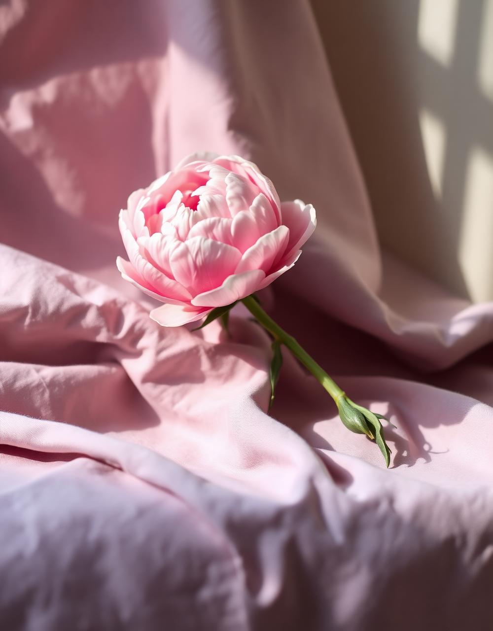 A soft pink peony resting on draped linen, suggesting calm and care.